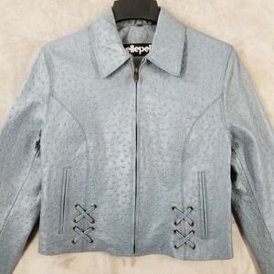 Vintage Pelle Pelle‎ Jacket Women 12 Blue Leather Zip Moto Stitched Accent Biker